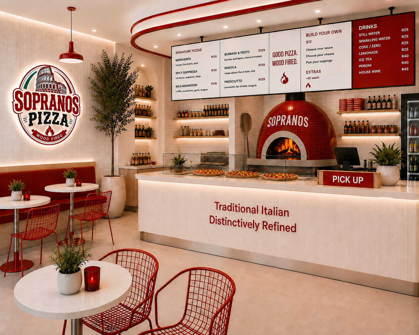 SOPRANOS™ Pizza interior and wood-fired oven